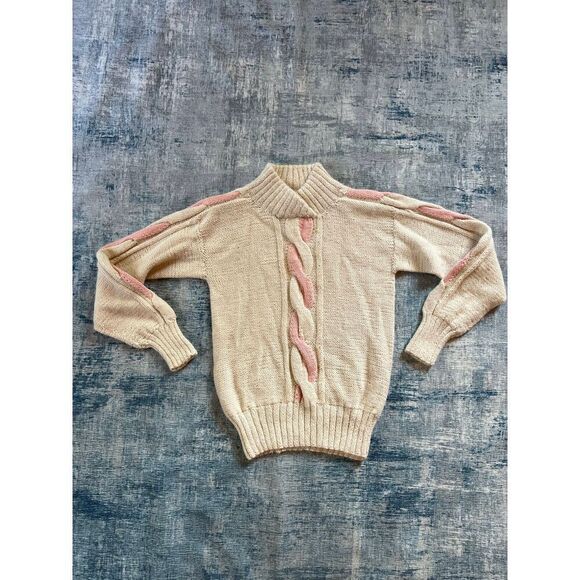 Vintage Nordstrom Cream Pink High Neck Cable Knit 100% Alpaca Wool Sweater Small - Picture 5 of 10